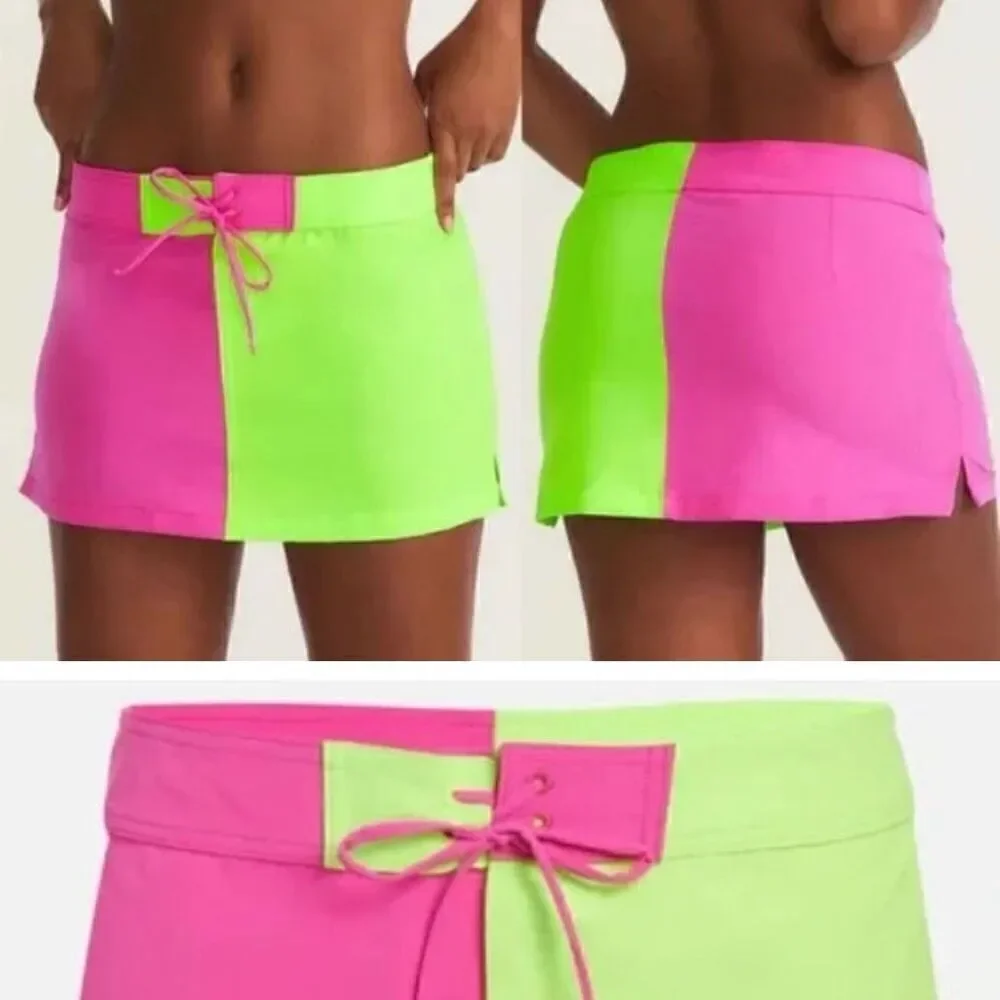 NWT LoveShackFancy X Hurley Solid Blocked Boardie Skirt neon pink green swimsuit